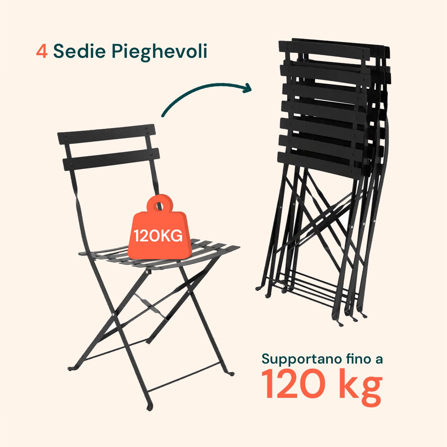 Avilia Salotto da Giardino Esterno Koby Double – Set Tavolo e Sedie da Esterno Pieghevoli in Metallo Antracite, 4 Sedie Ergonomiche e Tavolo Multifunzionale, Design Compatto e Resistente