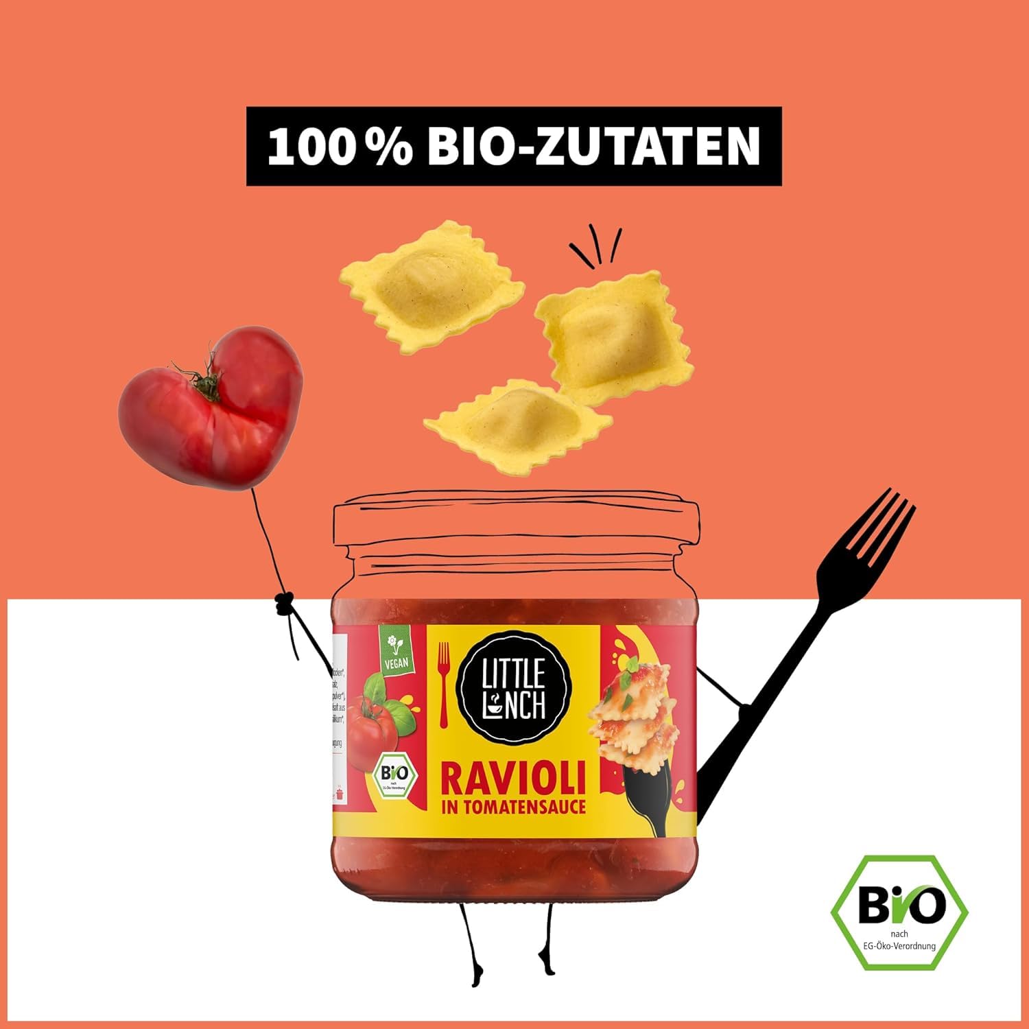 Little Lunch Bio Ravioli in Tomatensauce | Vegan | 6 x 350g | Nudeln mit Gemüsefüllung | vegan | ideal für Camping | ohne Zuckerzusatz | 6er Vorteilspack