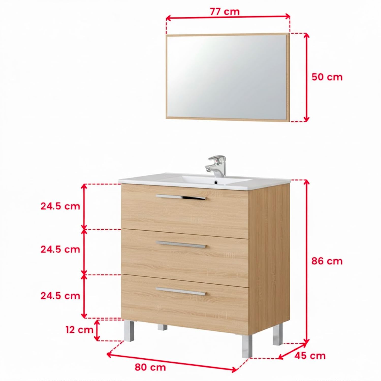 Mobile Bagno A Terra Con 3 Cassetti Lavabo In Ceramica E Specchio 77 x 50 Cm Inclusi Design Moderno Salvaspazio Elegante E Funzionale 80 x 45 x 86 Cm (Rovere Chiaro)