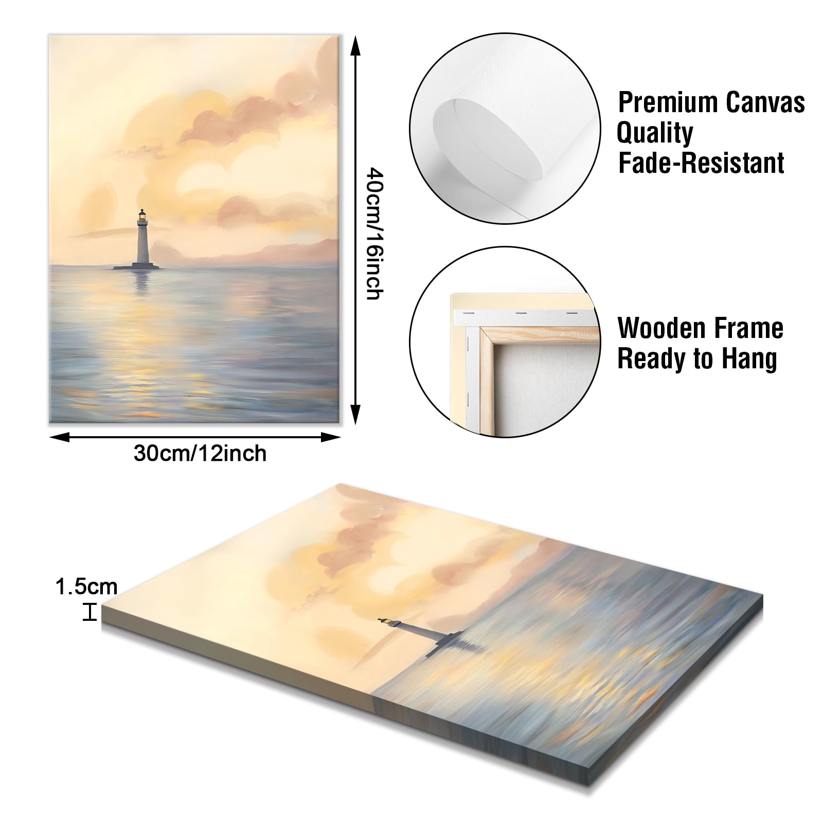 WENGTIAO 3 Pezzi Stampa su Tela Oceano Alba Incorniciato, Quadro su Tela Faro Barca a Vela in Mare Paesaggi Murali Pittura per Quadri Moderni Soggiorno Camera da Letto Decorazioni Parete 30x40cmx3