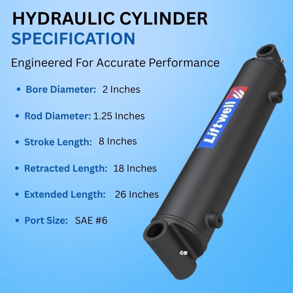 Liftwell Hydraulic Cylinder 2x8 - Double Acting Cross Tube Hydraulic Cylinder 2" Bore x 8" Stroke - 3000 PSI Welded Cylinder with ASAE SAE #6 Ports, Tractor Loader & Front-End Loader Replacement