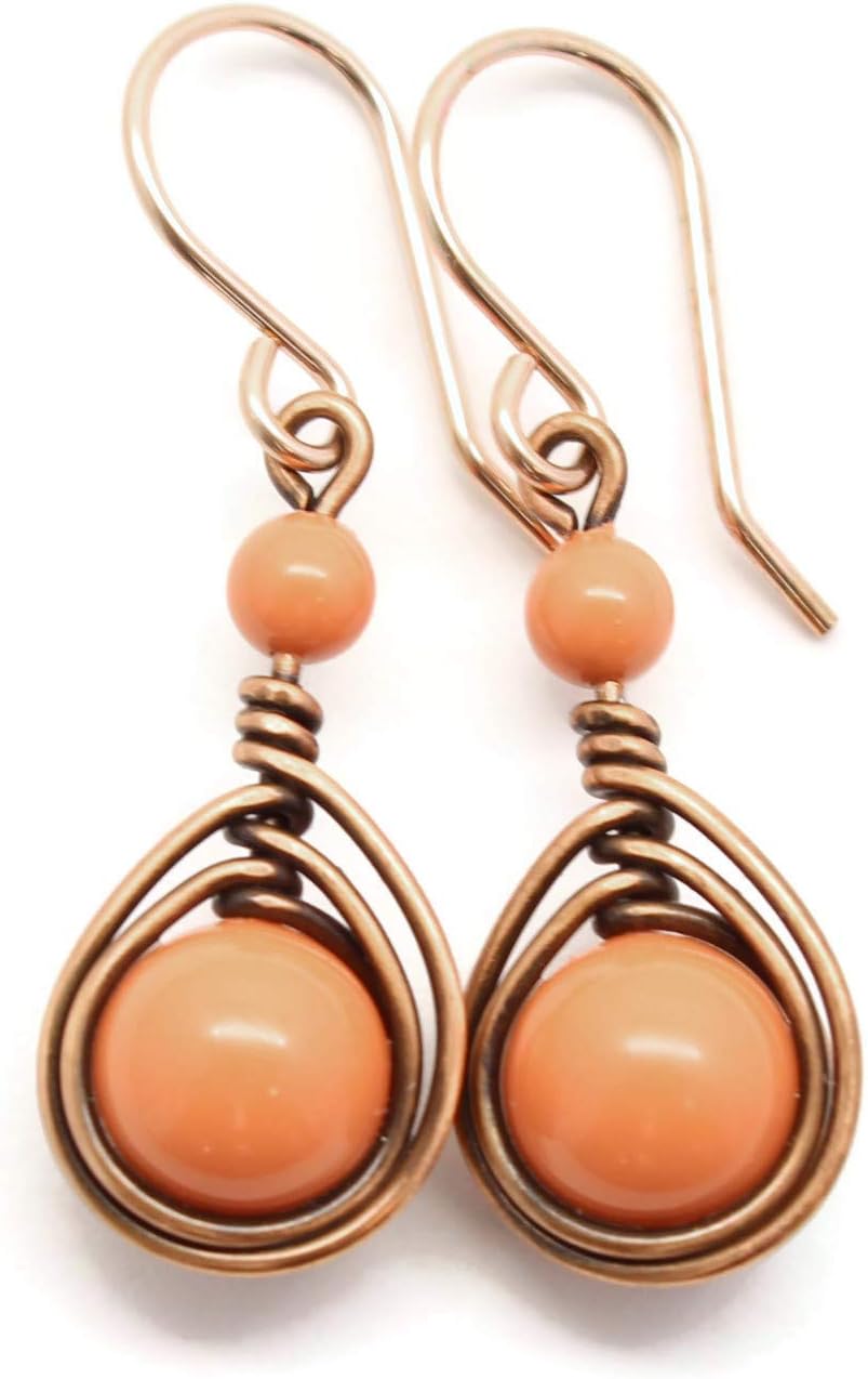 Pillar of Salt Studio Handcrafted Copper Earrings with Simulated Pearl and Rose Gold-filled Ear wires (Antiqued Copper, 1" drop, Coral)