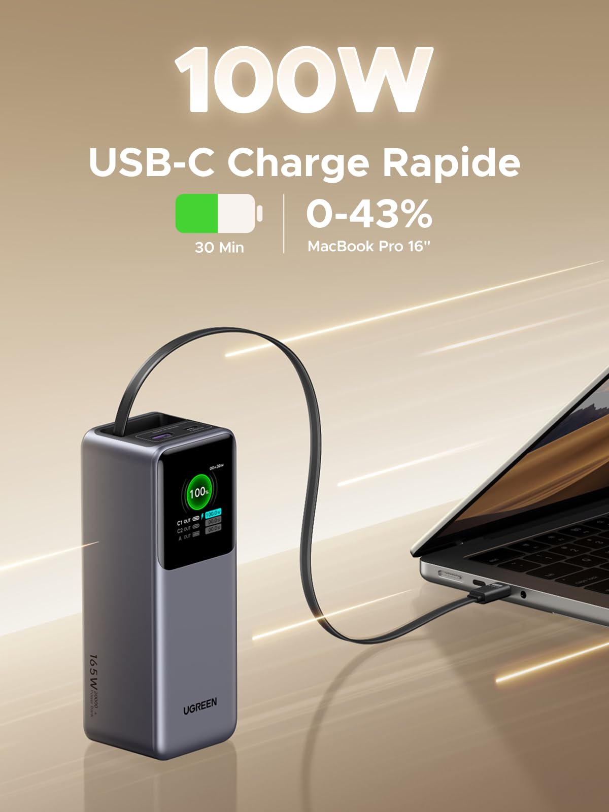 UGREEN Nexode Pro 165W Batterie Externe 20000mAh Power Bank USB C PD 100W