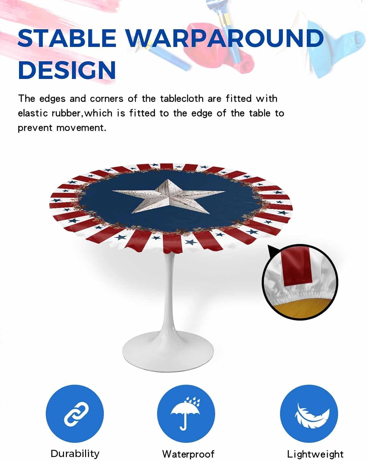 Fitted Round Tablecloths Table Covers 36-44in,Independence Day Patriotic Country Star Waterproof Elastic Edged Table Cloth for Kitchen Dining Holiday Party Tables Decor,Red Stripe Berry 44" (Round) Red image 4 of 6 B0F2S5PXD7