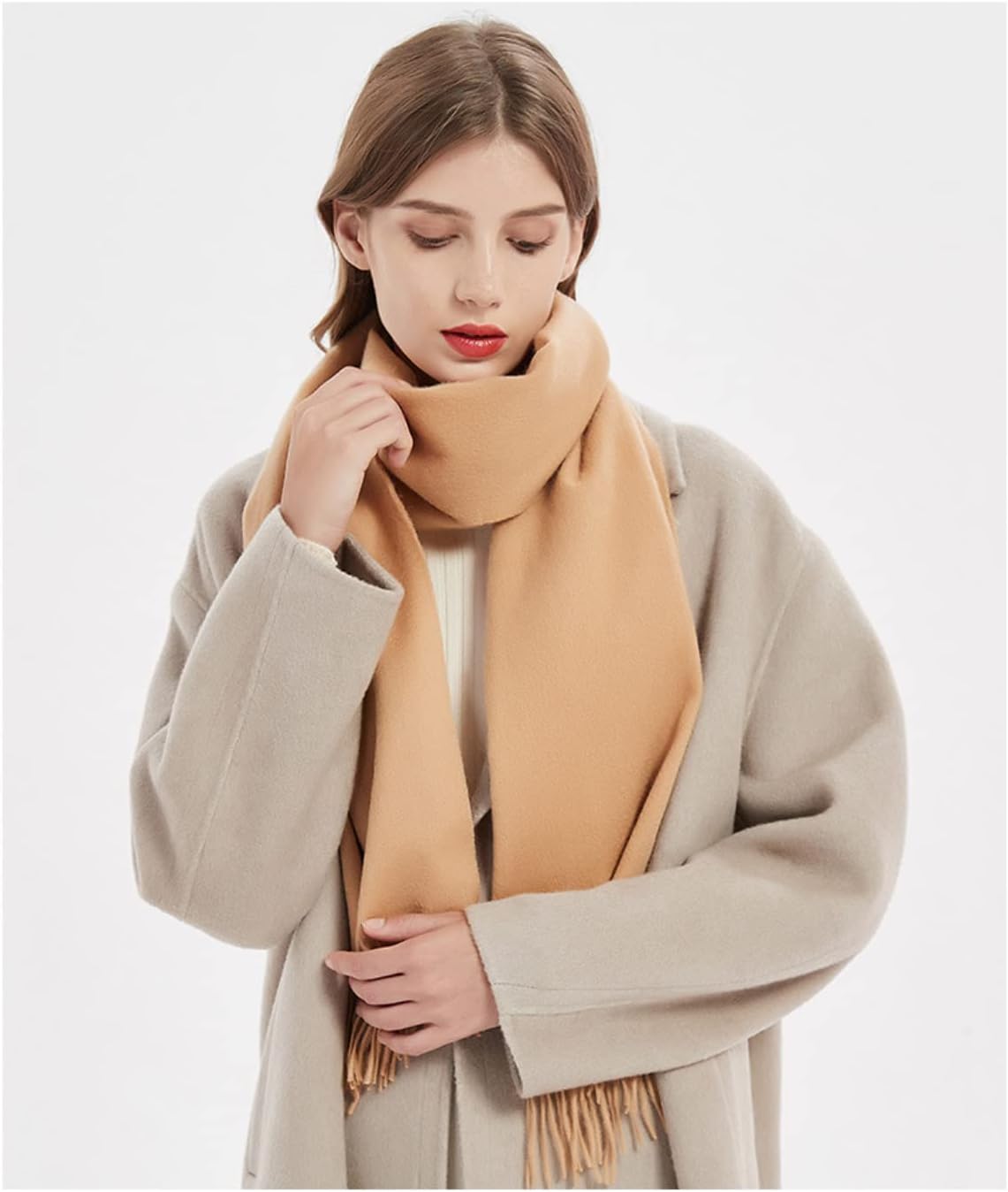 [UONIFANS] ウールスカーフ 無地スカーフ 女性用ペプラム秋冬マフラー増量暖かショール タッセル付きスカーフ (35*180