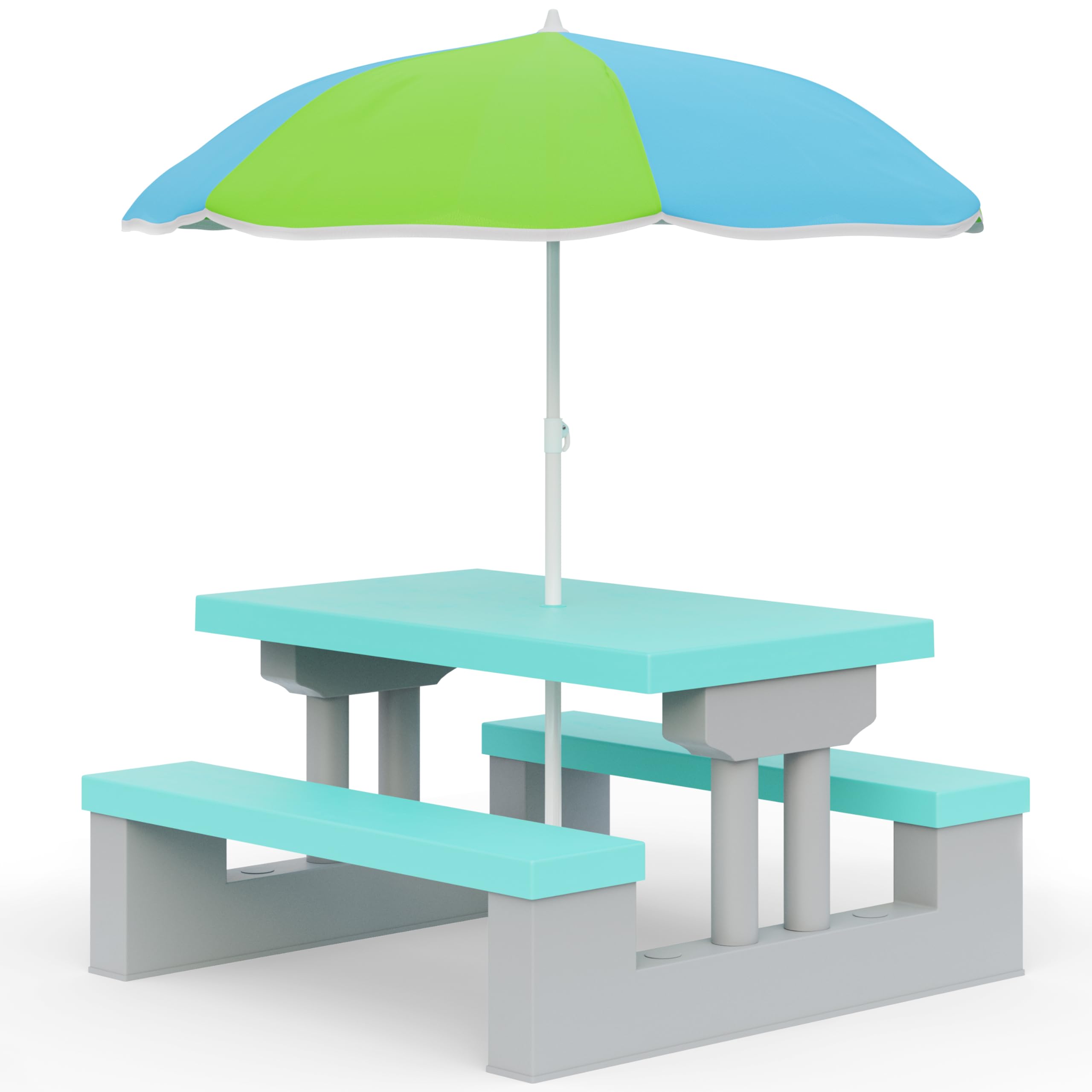 Spielwerk® Picnic Table and Bench with Parasol | Baby Toy Desk | Dining Table with UV Protection | Ideal for Paint, Crayons & Crafts for Kids | Easy to Clean with Baby Wipes or Water | Mint Grey