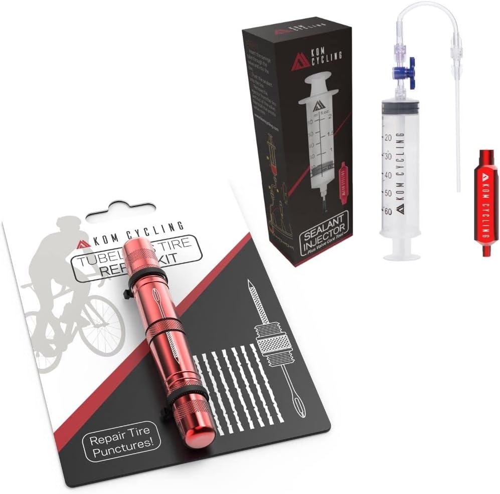 KOM Cycling Tubeless Tire Repair Kit for Bikes and Tubeless Sealant Injector Syringe and Presta Valve Core Removal Tool Bundle