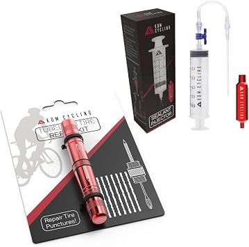 KOM Cycling Tubeless Tire Repair Kit for Bikes and Tubeless Sealant Injector Syringe and Presta Valve Core Removal Tool Bundle