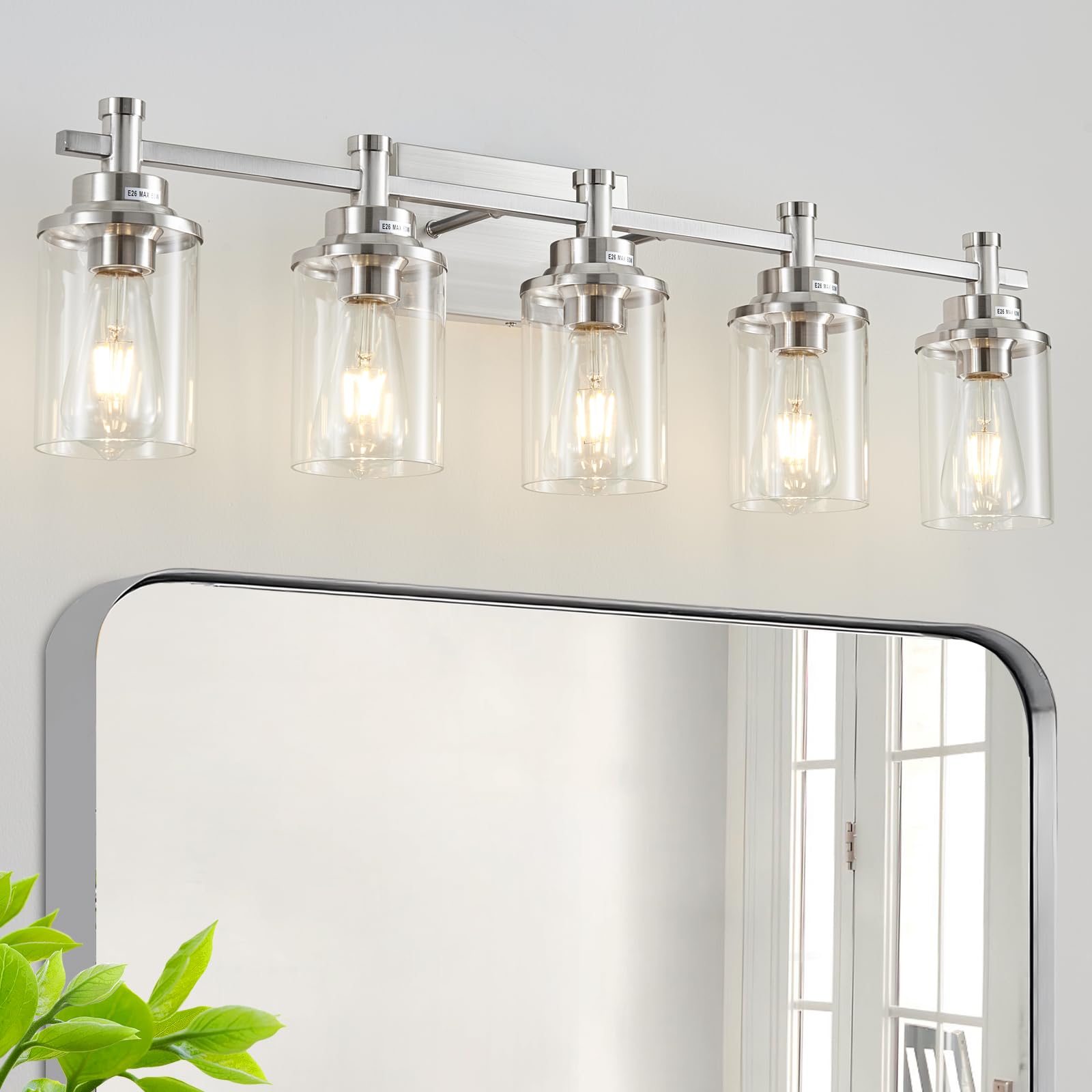 5 Lights Bathroom Light Fixtures, Brushed Nickel Vanity Light with Clear Glass Shade,Modern Wall Sconce for Mirror Bedroom Hallway Farmhouse Kitchen
