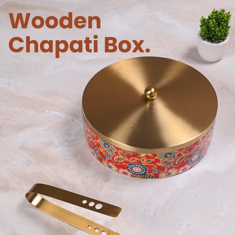 Image of Wooden Chapati Box for Kitchen - Casserole for Roti with Stainless Steel Brass Lid | Wooden Chapati Box with 1 Tong | Traditional Kitchen Organizer - Royal Red & Golden (Printed)