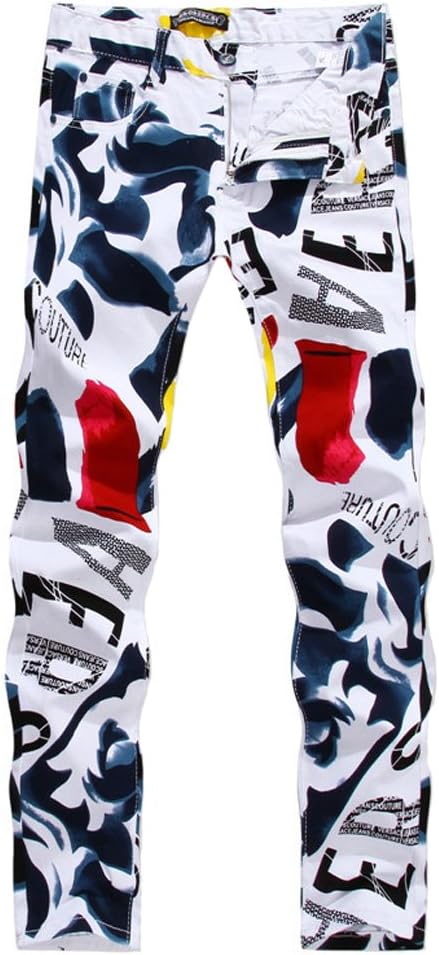 Men's Fashion Casual Slim Fit Straight Leg Painted Letters Printed Jeans Pants