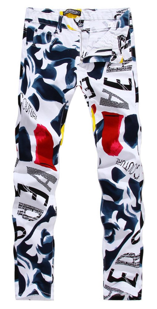 Men's Fashion Casual Slim Fit Straight Leg Painted Letters Printed Jeans Pants