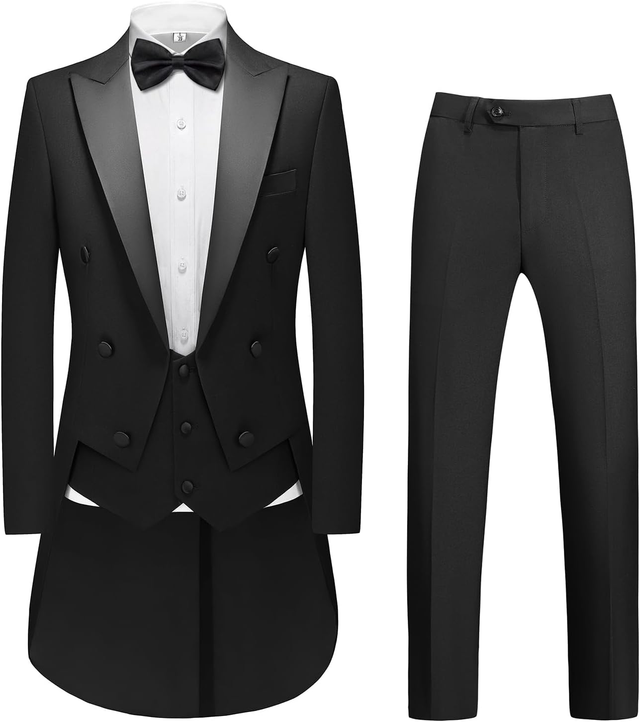 Rogers & Morris Men Tuxedo 4 Pieces Set Tail Coat Mess Jacket Style Serie Solid Black
