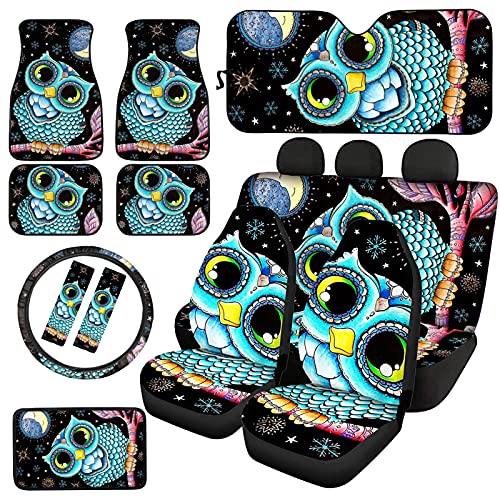 Howilath Cute Owl 12 PCS Novelty Car Seat Covers, Cartoon Bird Floor Mat, Sunshade, Seat Belt Covers, Full Set Vehicle Seat Protectors Fits Most Cars, Sedan, SUV