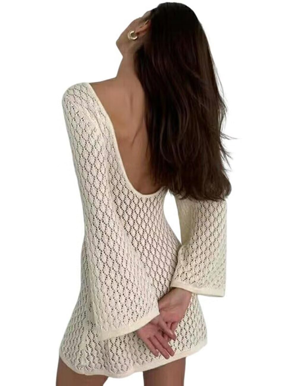 VKEGNIO Crochet Hollow Out Cover Ups Swimsuit for Women Solid Color Sexy Long Sleeve Bikini 2024 States Summer