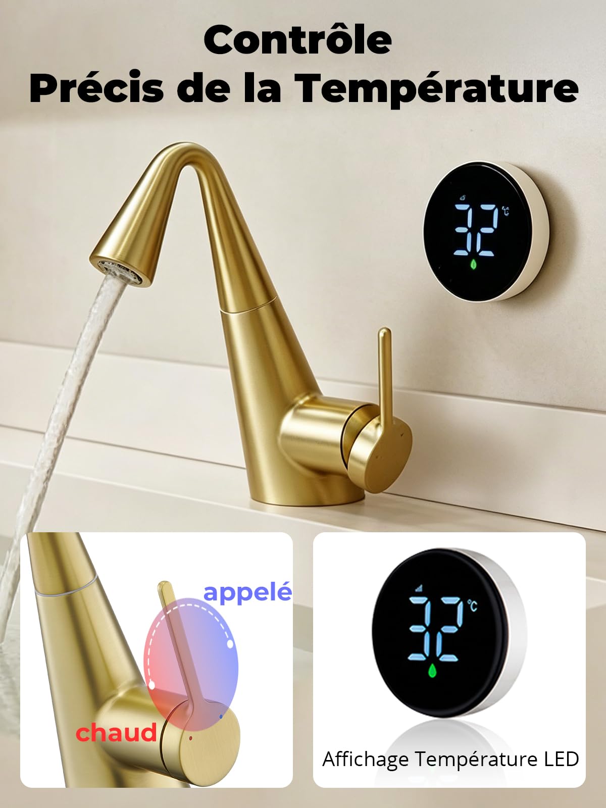 Robinet Lavabo, Extensible Robinet Salle Bain Indicateur Températ LED