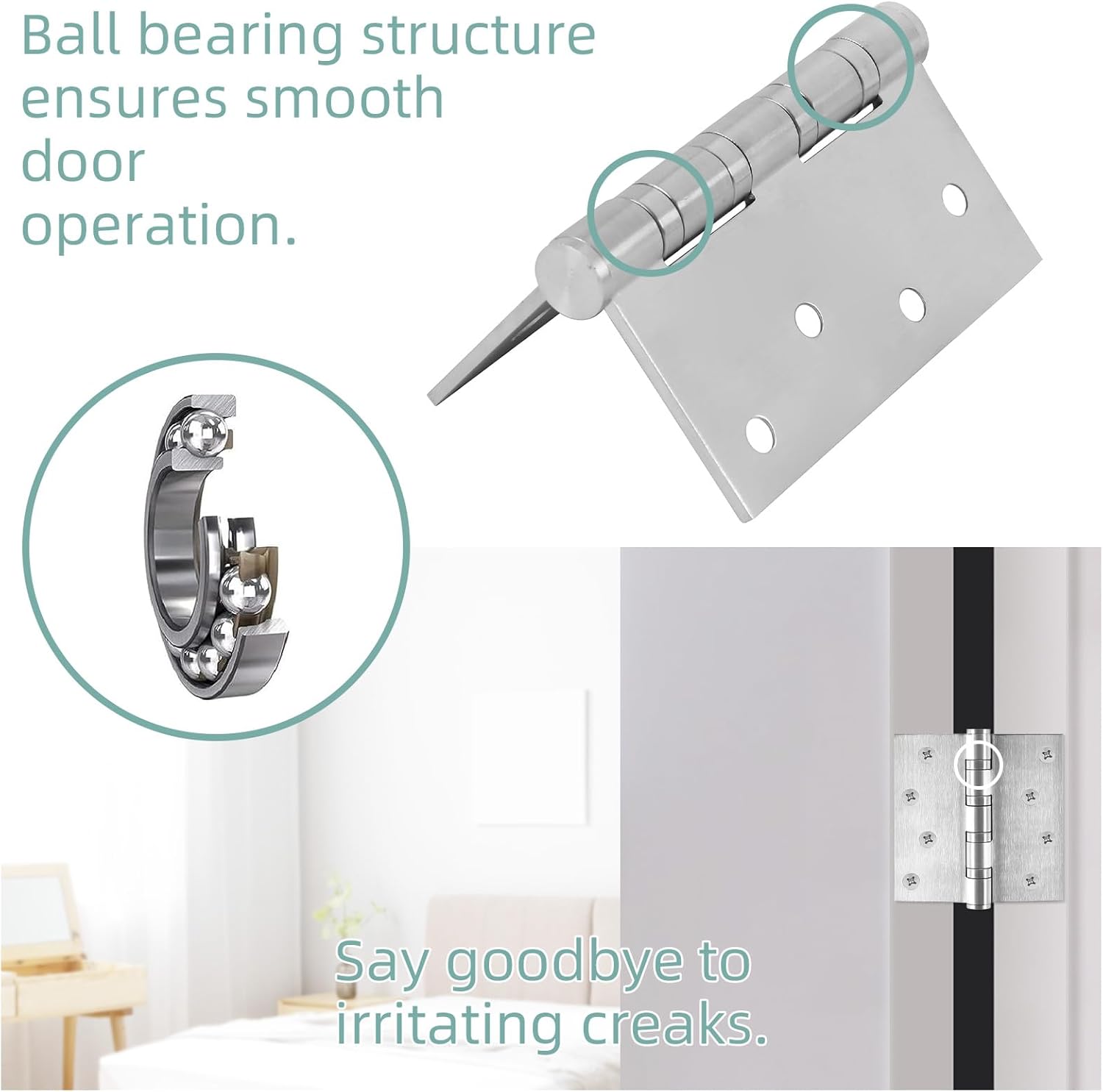 12 Pack Ball Bearing Door Hinges, 4" (102mm) x 4" (102mm) Heavy Duty Stainless Steel Door Hinges with Square Corners Commercial Grade Stainless Steel Hinges, Silver