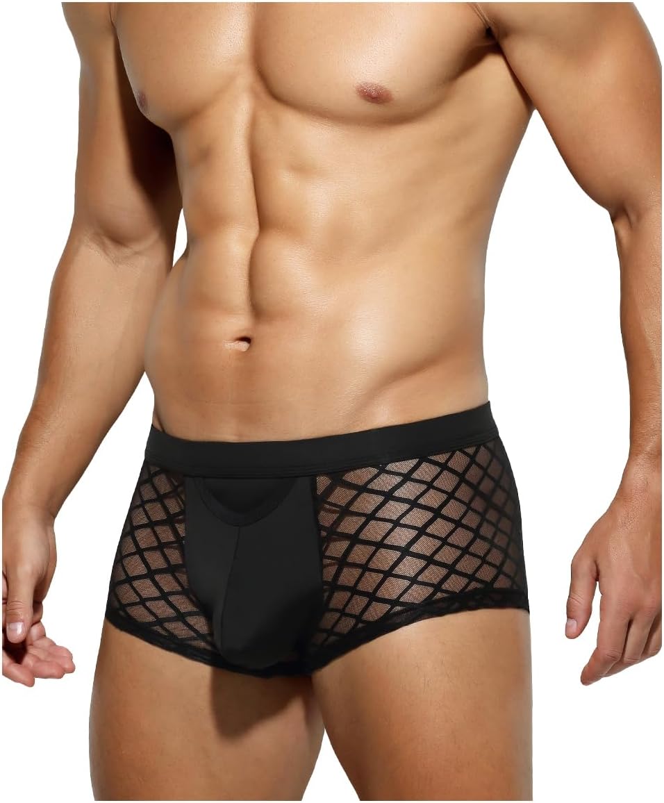 Casey Kevin Men's Underwear Sexy See Through Lace Boxer Briefs Mesh Trunks