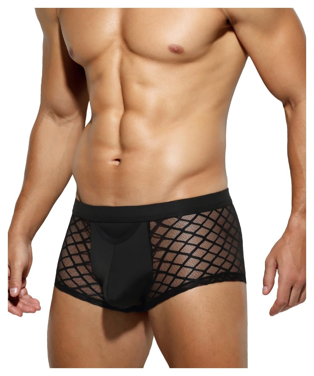 Casey Kevin Men's Underwear Sexy See Through Lace Boxer Briefs Mesh Trunks