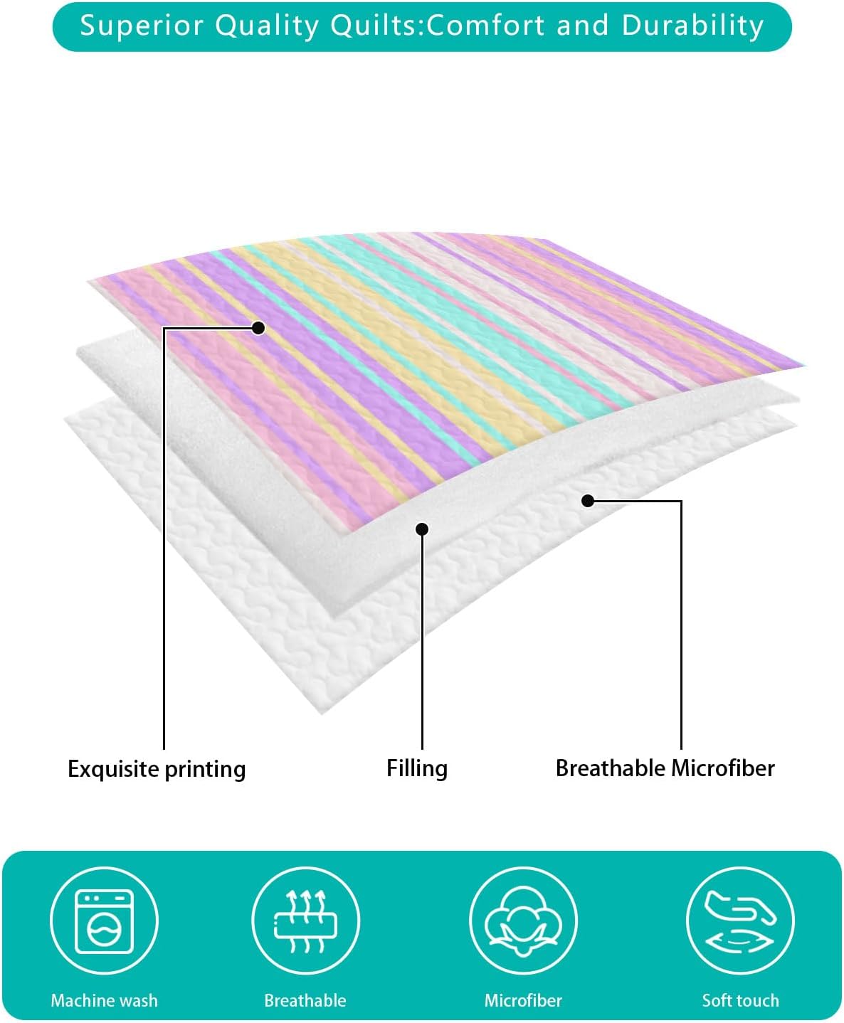 King Size Quilt Set, Classic Geometric Stripe Lightweight Bedspread Coverlet Set Soft Microfiber Summer Quilt with 2 Pillow Shams, Modern Colorful Line 3 Piece Comforter Bedding Set