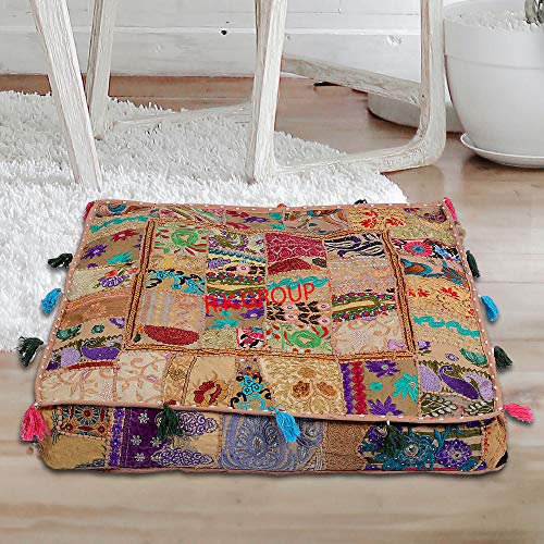 flyingasedgle Indisches Kissen, handgefertigt, bunt, quadratisch, 89,9 x 89,9 cm, Bohemian-Meditationskissen, Bodenkissen, indisches Sitzkissen, Beige Cover
