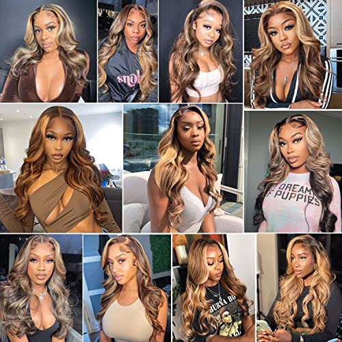Facmood Honey Blonde Highlight Lace Front Wigs Human Hair Body Wave, 13X4 Hd Transparent Lace Front Brown Ombre Wigs For Black Women 24 Inch, 180 Density Pre-Plucked With Baby Hair #TOP5