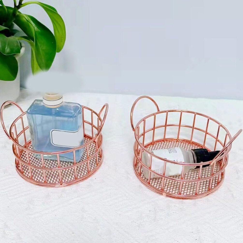 Cabilock Wrought Iron Desktop Storage Candy Eggs Makeup Organizer Box Wire Storage Baskets Utility Storage Bin Bread Baskets Vegetables Basket Stainless Steel Rose Gold Metal Art Basket