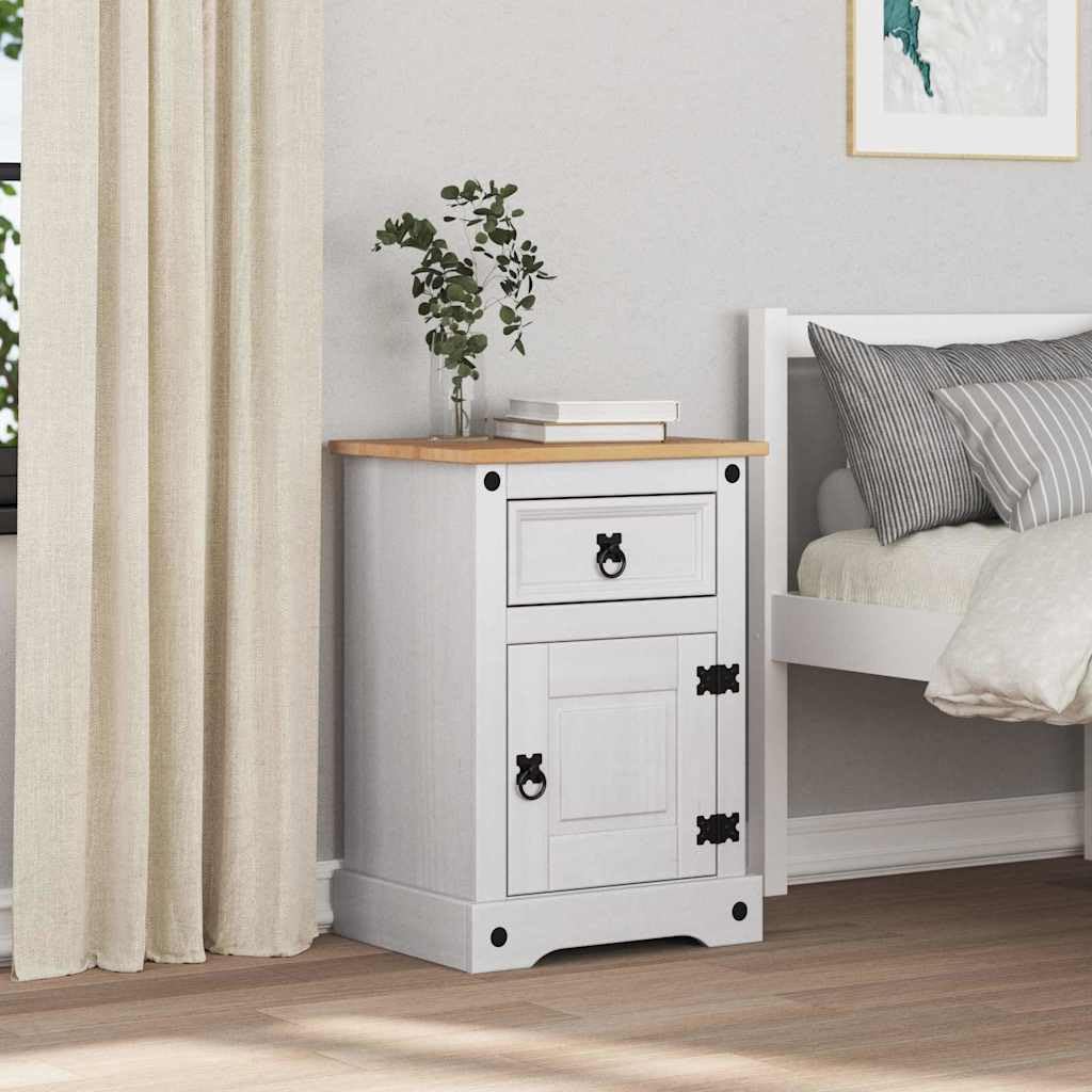 Comodino Corona, bianco, in legno di pino massiccio, 45 x 35 x 64 cm, con cassetto e vano portaoggetti, tavolino versatile per camera da letto, soggiorno, corridoio e camera degli ospiti