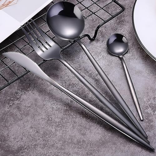 Image of BonZeaL Stainless Steel 24 Pieces Black Cutlery Set for 6 Person with Stand Mirror Finish Flatware Set for Dining Table Hotel Cafe Bar Restaurant Premium House Warming Gifts for New Home Kitchen