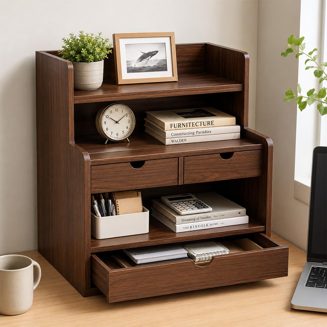 Desktop Bookshelf Organizer with 3 Drawers, 32 Inch Wooden Desktop Bookcase | Open Shelves, 3 Storage Drawers-image-16