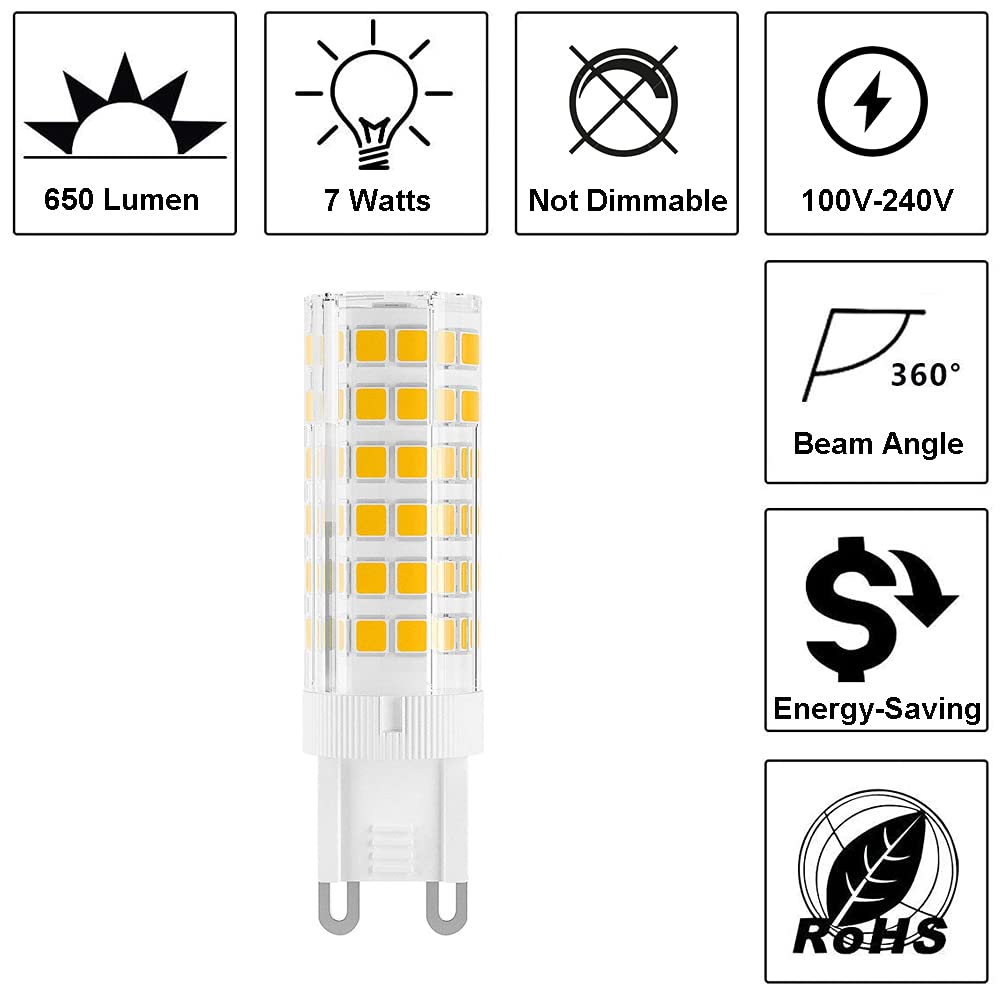Bombilla LED G9 de 7 W, 60 W equivalente a bombilla halógena G9, 650 lm, CA 100 V-240 V, luz blanca diurna 6000 K, bombillas G9 no regulables para iluminación del hogar, paquete de 12