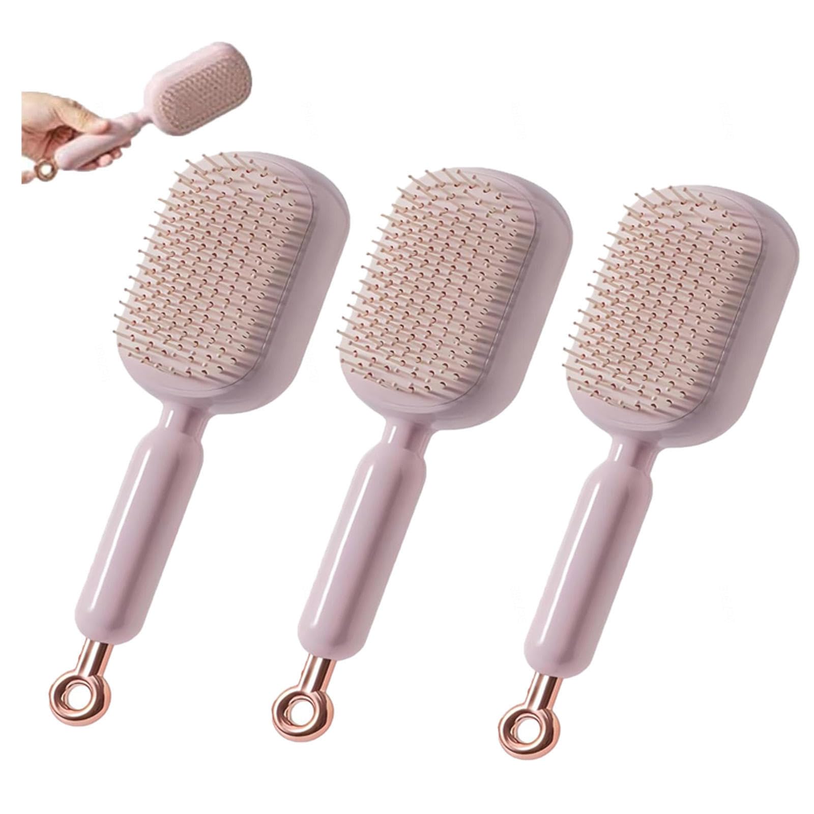 One-pull samoczyszcząca szczotka do włosów przenośna chowana szczotka do włosów kręconych mokrych suchych zniszczonych włosów, różowa - trzy przedmioty