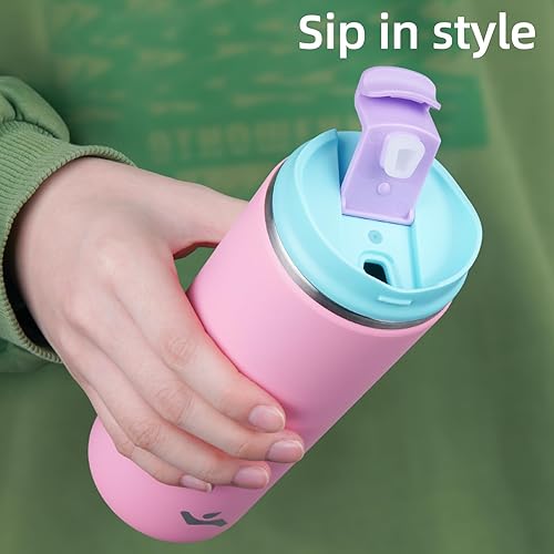 Miniatura 3 de Vaso con tapa, taza de café de viaje de 16 onzas, botella de agua aislada al vacío de doble pared de acero inoxidable con aislamiento térmico, rosa