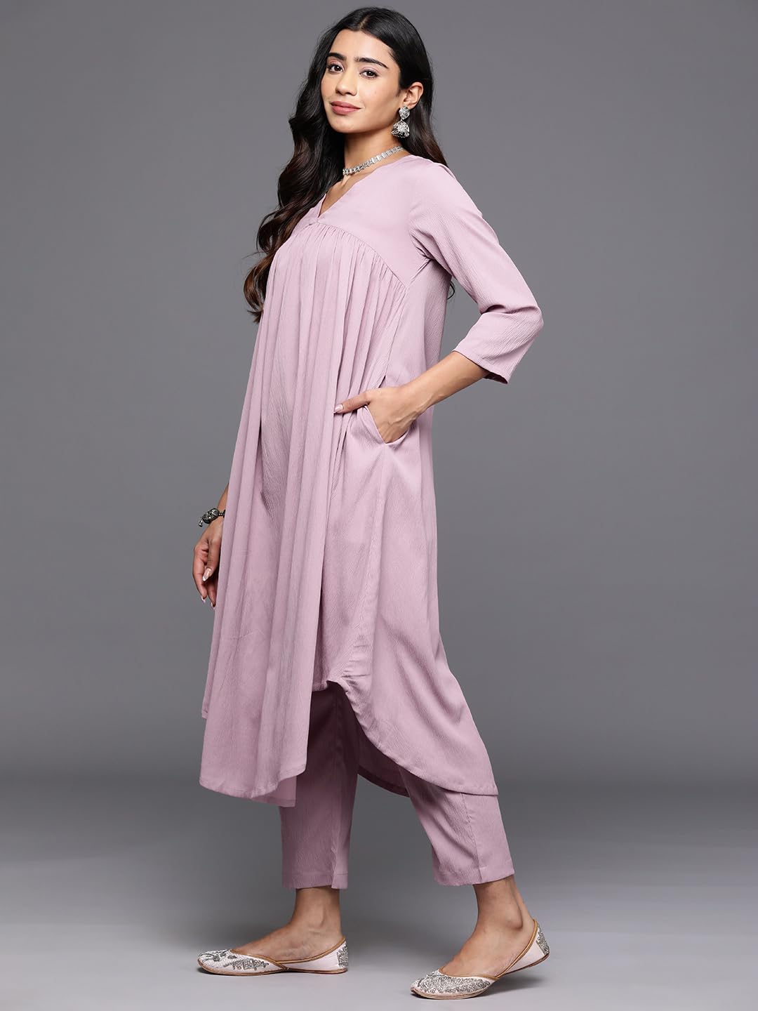 Varanga Women Pink Empire Gathered Details A-Line Kurta With V-Neck, Three-Quarter Sleeves, Paired With Tonal Bottom