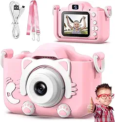 Câmera Digital Infantil Portátil HD com Jogos Divertidos | Rosa Gatinho | Recarregável, Capa de Silicone Inclusa | Fotos, Vídeos e Filtros HD