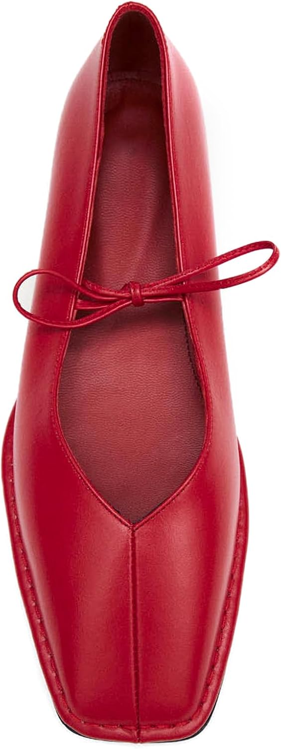 Lace up Ballet Flats Women Square Toe Mary Jane Flats Bow Slip On Comfortable Ballerina Shoes