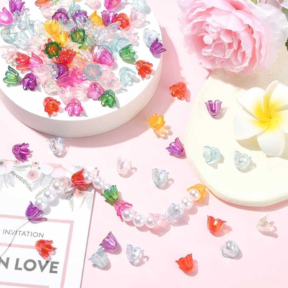 1 Box 540Pcs 9 Colors Acrylic Lily Flower Beads Floral Bead Caps Bulk Loose Small 11MM Plastic Cute Tulip Bell Trumpet Iridescent Spacer for Jewelry Making DIY Crafts Adults Women Beginner - Image 5