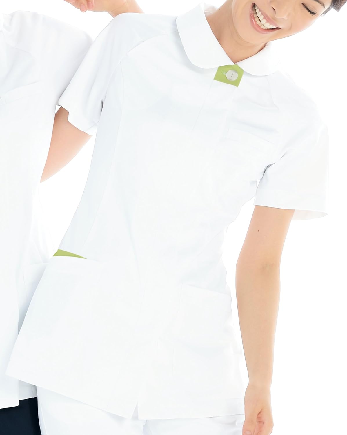 医療/介護ユニフォーム ナースウェア レディスジャケット半袖 ホワイトXオリーブ KAZEN アプロン M 070-22