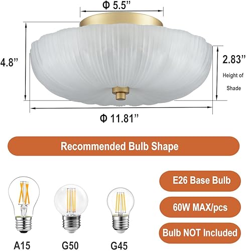 Miniatura 6 de DIRYZON Lámpara de techo semiempotrada de 12 pulgadas, luces de techo modernas, lámpara de techo de latón de 3 luces con vidrio de lijado para