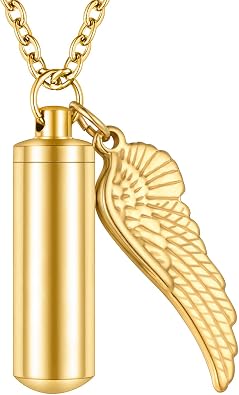 Dletay Cylinder Cremation Urn Necklace for Ashes Memorial Keepsake Pendant with Angel Wing Stainless Steel Remembrance Jewelry
