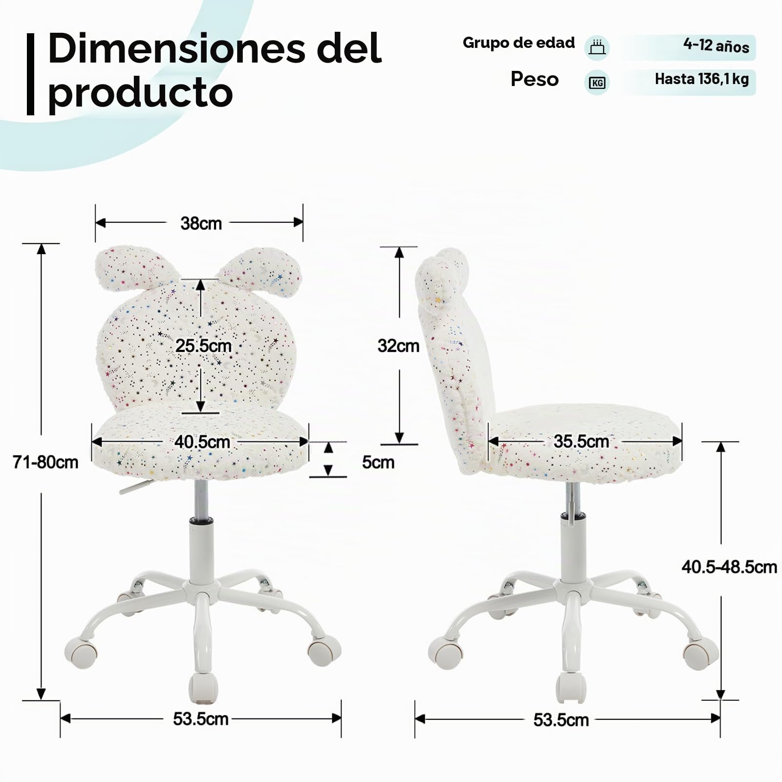 Ya-Home Silla Escritorio para Niña/Niño Diseño del Conejo,Beige | Lana Sintética, Altura Ajustable, Giratoria, Ruedas, 5cm Cojín, Respaldo con Apoyo Lumbar, para Dormitorio/Tocador