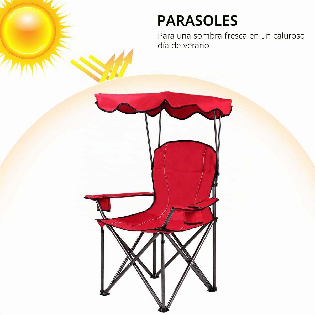 COSTWAY Silla de Camping con Techo y Portavasos Silla de Playa Plegable Carga hasta 120 kg para Patio al Aire Libre (Rojo)