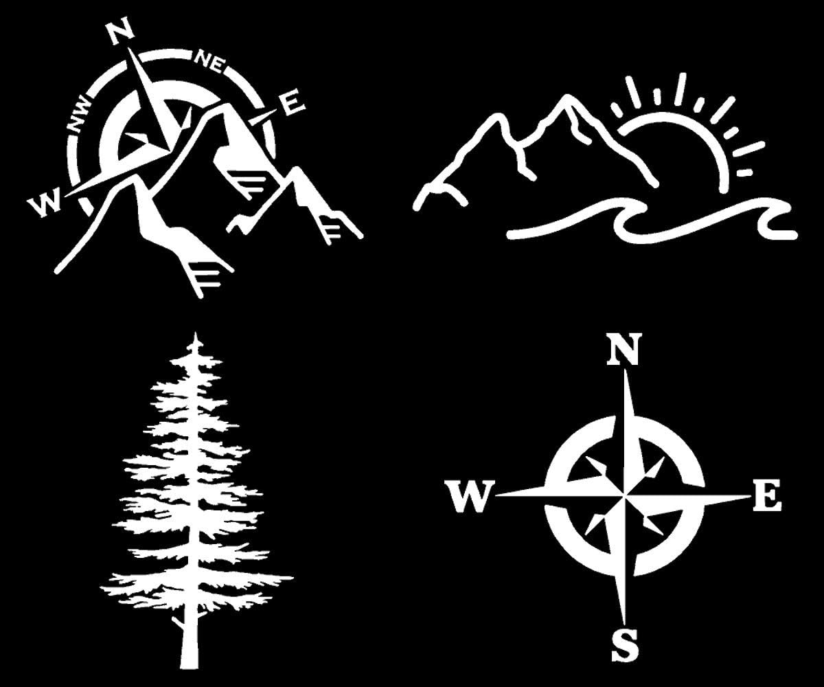 Compass Mountain Decal 4 Pack: Moutains with Compass, Mountain Sun Waves, Pine Tree, Compass (White, Small ~3.5")