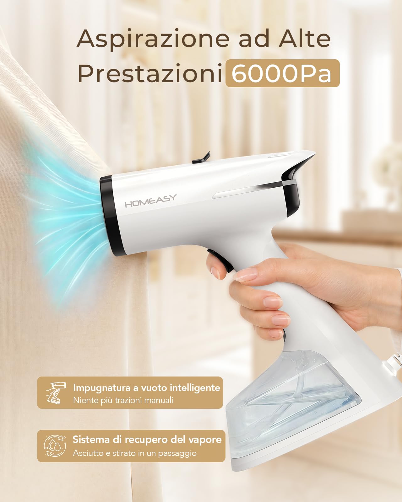 HOMEASY Ferro da Stiro a Vapore Portatile con Aspirazione 6000Pa, Pronto in 25 Secondi, 270ml Serbatoio d’Acqua, 2 Livelli di Vapore, Stiratrice Verticale per Camicie, Abiti, Tende e Tessuti Delicati