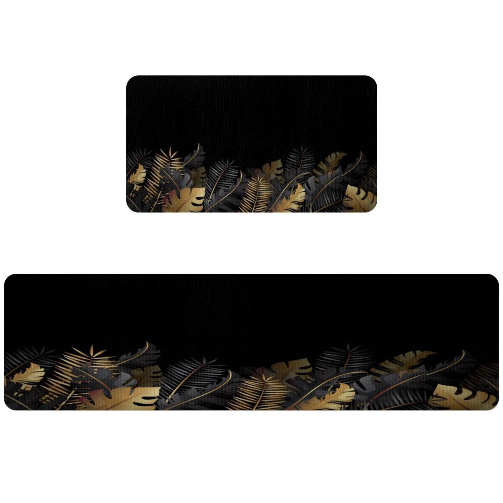 Lot de 2 tapis de cuisine antidérapants et lavables motif monstera doré pour couloir et buanderie