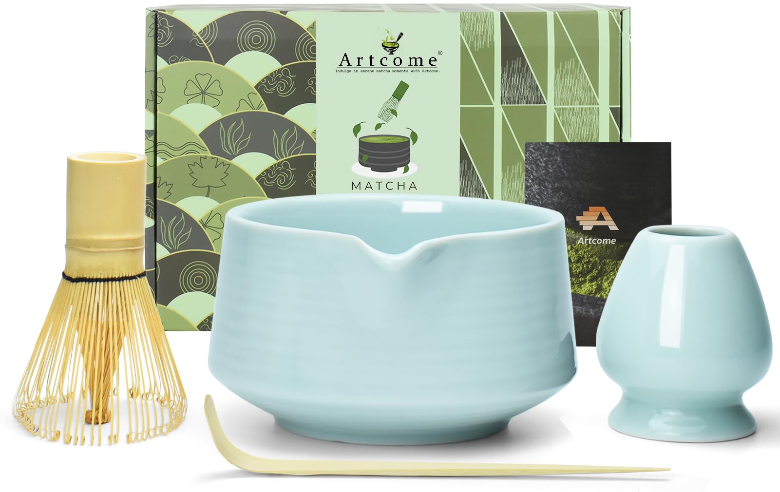 Kit complet matcha bol bleu céladon avec bec verseur et fouet bambou Artcome