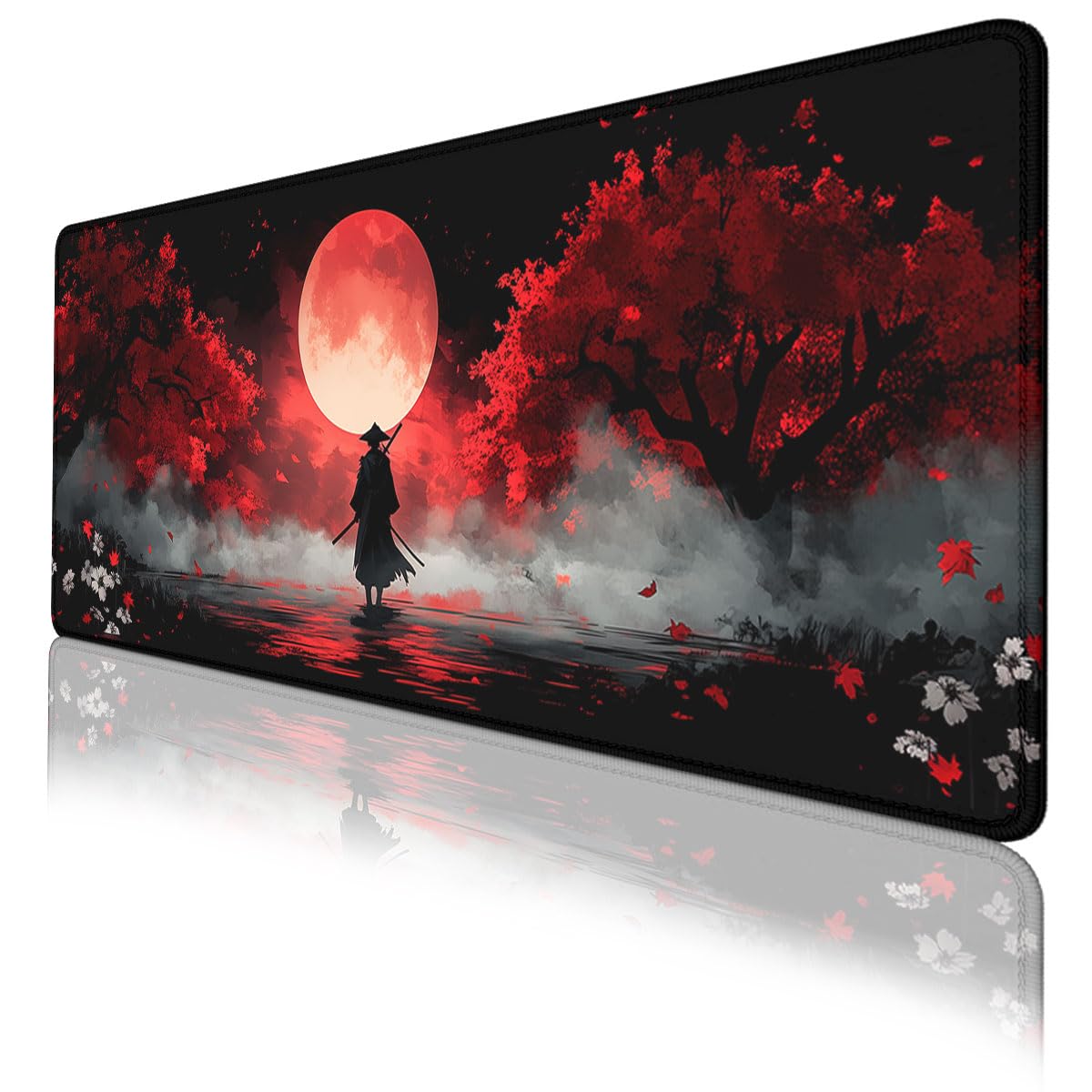 Tappetino per mouse da gioco con guerriero giapponese, motivo anime, cielo e luna piena, foglie rosse, grande tappetino per mouse da gioco con bordi cuciti, base in gomma antiscivolo impermeabile, 80
