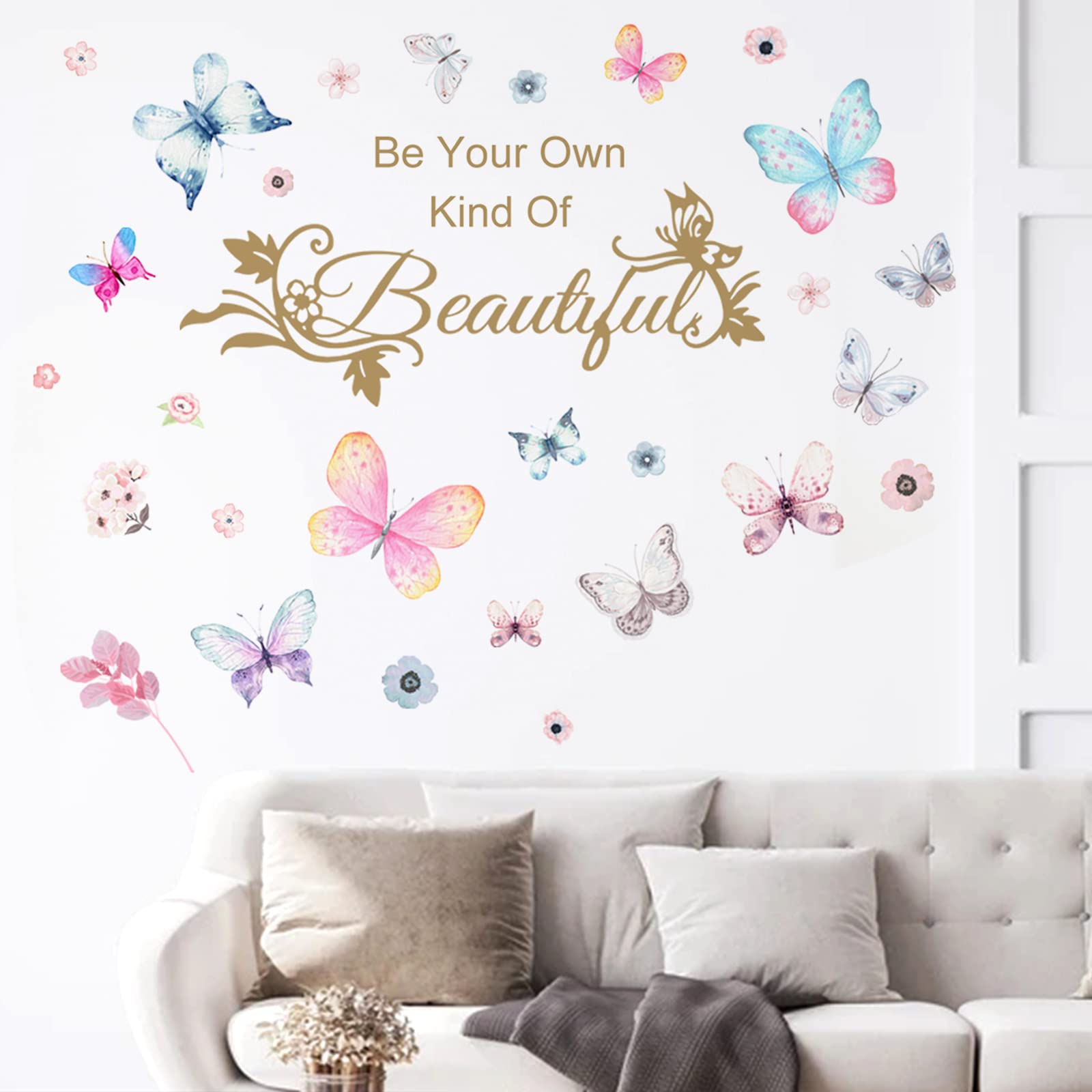 Colorful Butterflies Wall Sticker, Simplicity Butterfly English Words Wall Decal, Be Your Own Kind of Inspirational Quotes Wall Decor, DIY Flower Vinyl Art Mural for Girls Bedroom Nursery Living Room
