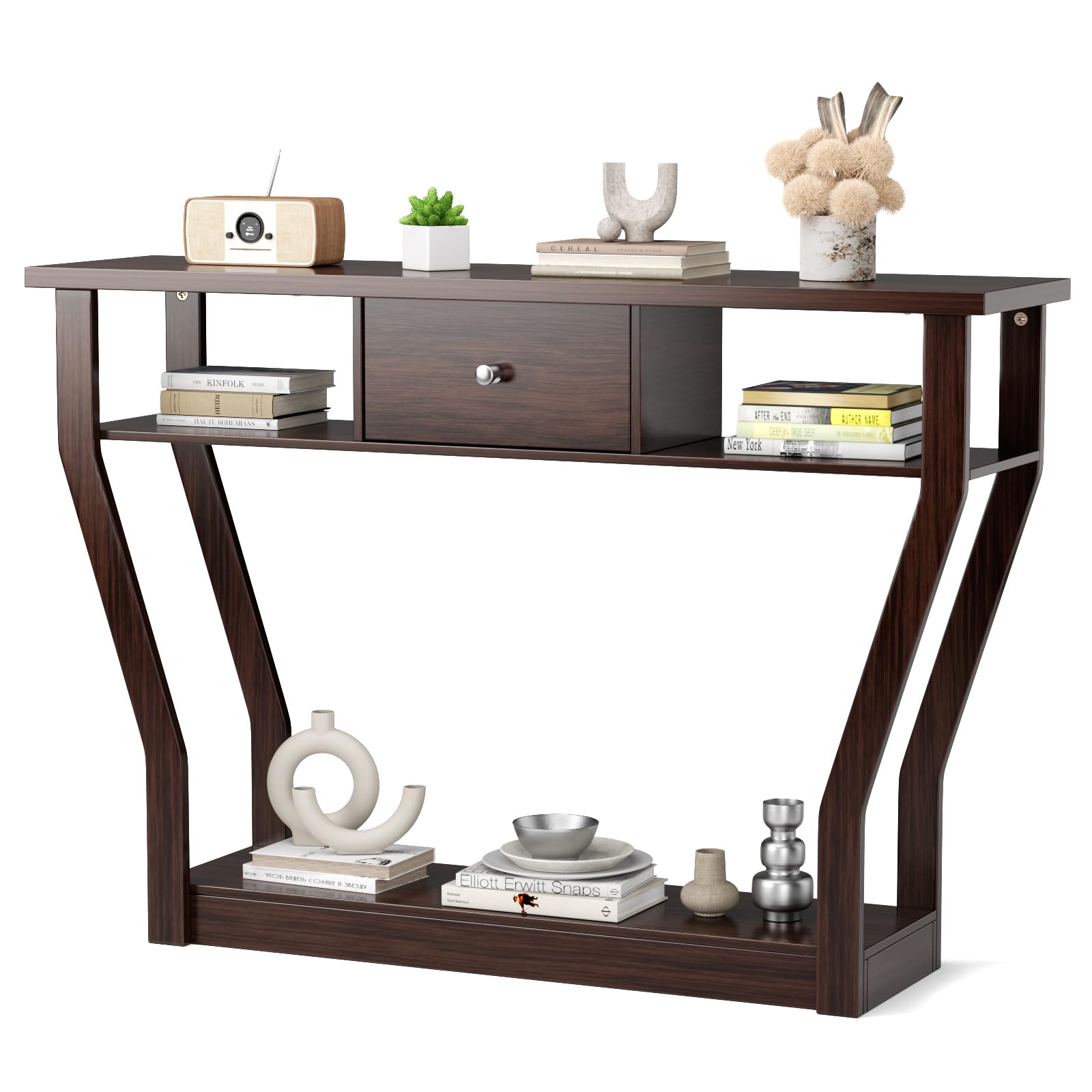 GOPLUS Mesa Consola de MDF Anti-Bascular con Cajón y 3 Estantes, Consola con Base Estable y Duradera, Mesa de Entrada para Dormitorio, Salón, 120 x 30 x 81 cm, Carga Máxima 50 kg (Marrón)