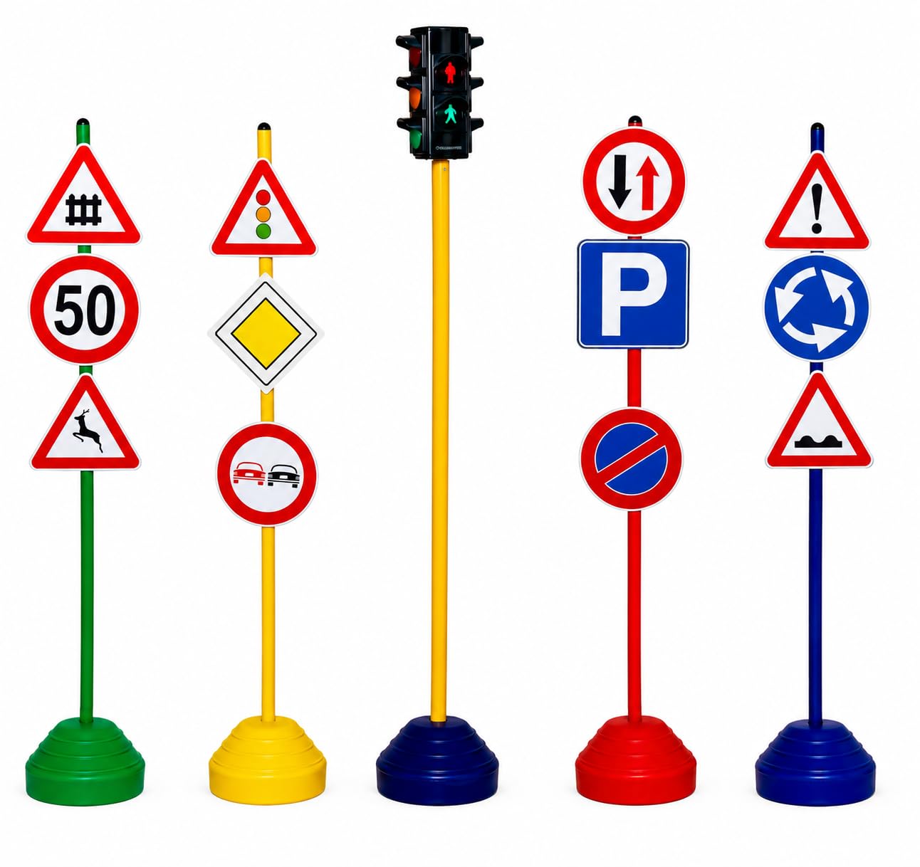 Set 12 Segnali Stradali e Semaforo Funzionante per Bambini - Modello B | Cartelli Traffico per Educazione Stradale, Aste Altezza 120 cm, Basi Zavorrabili, Ideale per Insegnamento Sicurezza Stradale